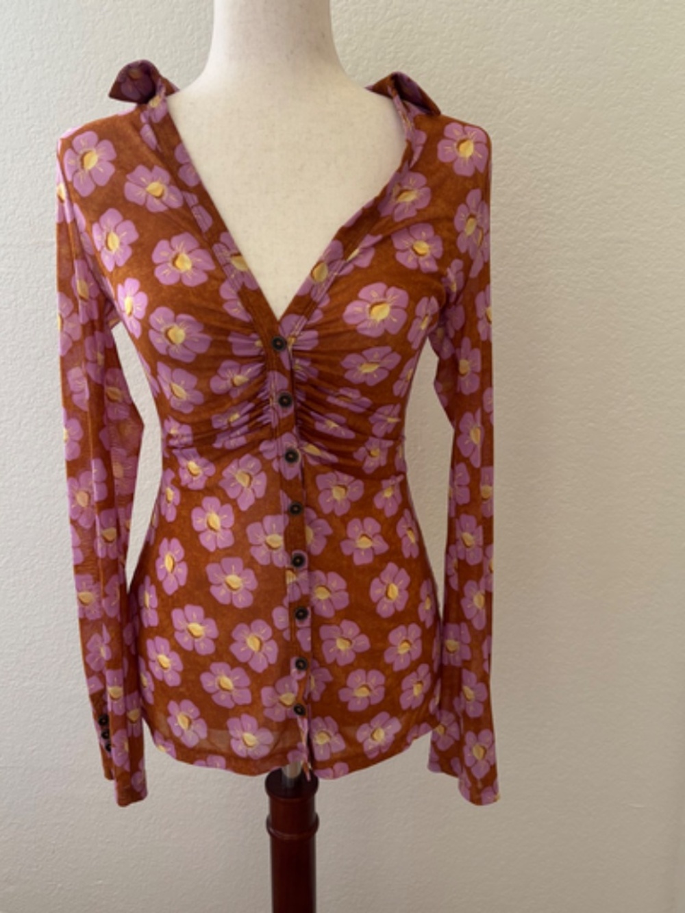 Free‎ People Lucky Shirtee brown and pink poppy floral print size Medium - Picture 2 of 7
